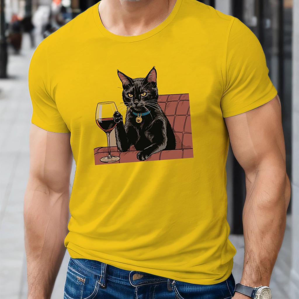Black Cat Drinking Wine Graphic TShirt Mens Casual Cotton Crew Neck Summer Tee