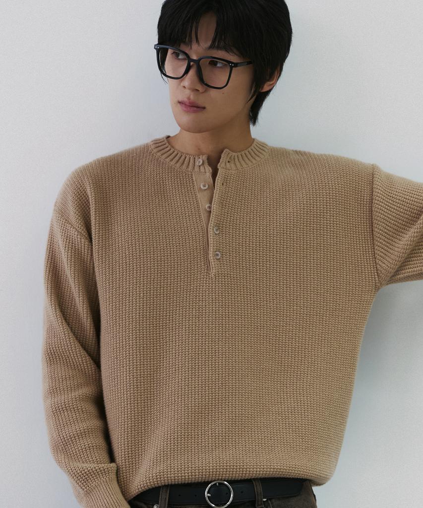 NODU Waffle Henley Neck Knit [Beige]