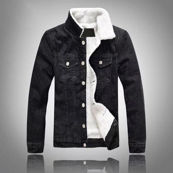 Veste en jean pour hommes, col montant, poches de Protection du cou, coupe cintrée, peluche épaisse, simple boutonnage, manches longues, manteau unisexe, automne et hiver