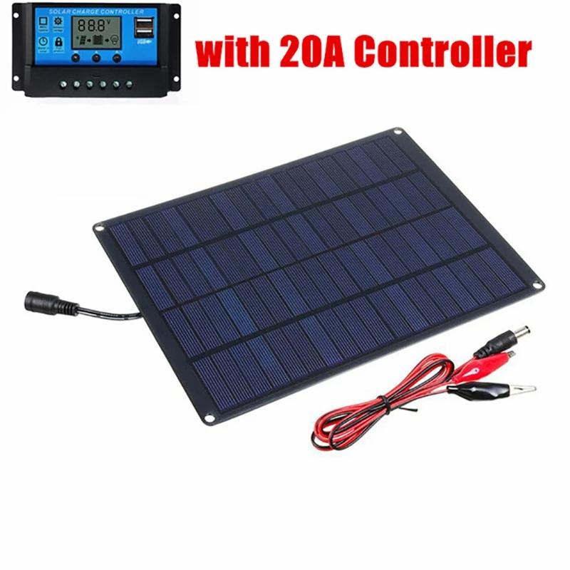 30W Сонячна Панель+20A/30A/60A Контролер Заряду&Набір Затискачів 12V Зарядний Пристрій для Акумулятора Енергетична Зарядна Плита Power Bank для Авто Дому Подорожей