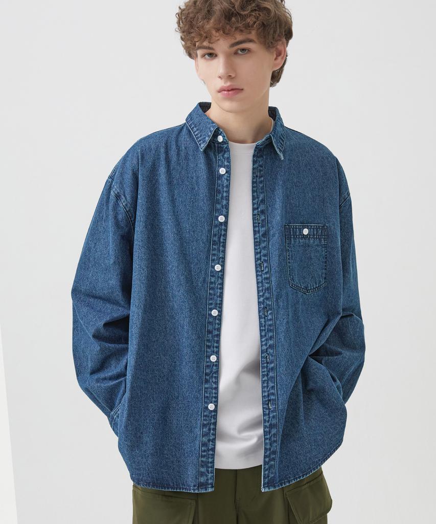 TRILLION Stone Washed Oversized Denim Long Sleeve Shirt (Middle Blue)