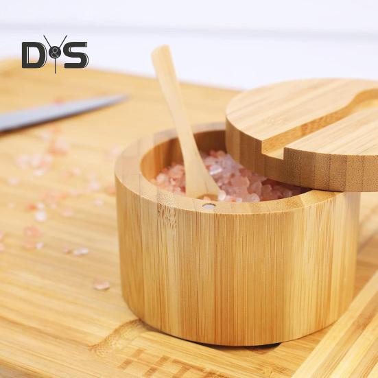 Bamboo Salt Cellar with Magnetic Swivel Lid Round Salt Box for Storing Salt Pepper Sugar Herbs Functional Spice Container Storage Tank