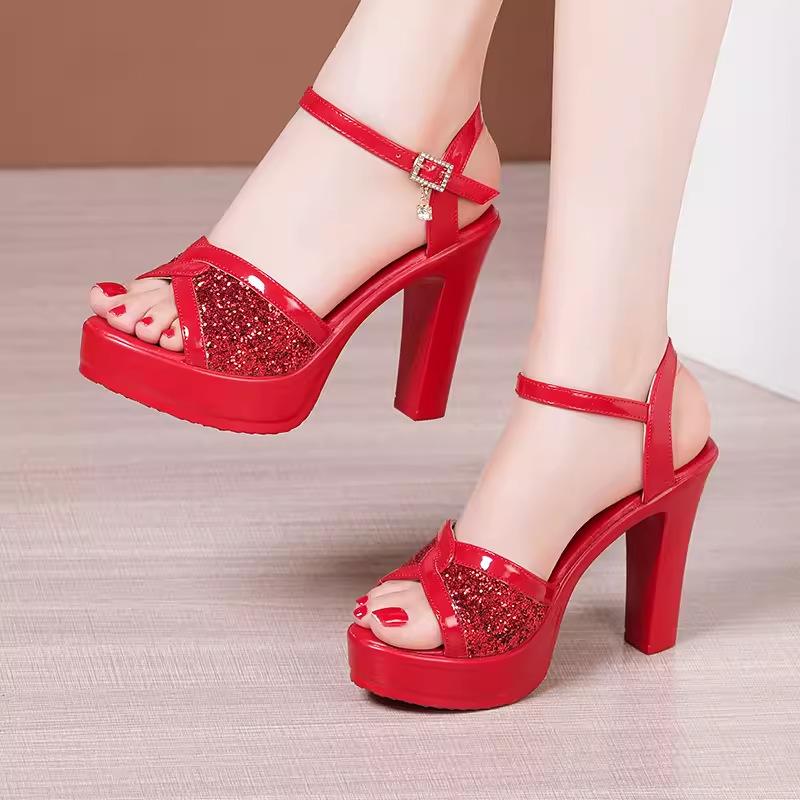 Small Size 32-43 White Red Bling Wedding Shoes Woman Block High Heels Sandals  Summer Women's Platform Sandals Office Model