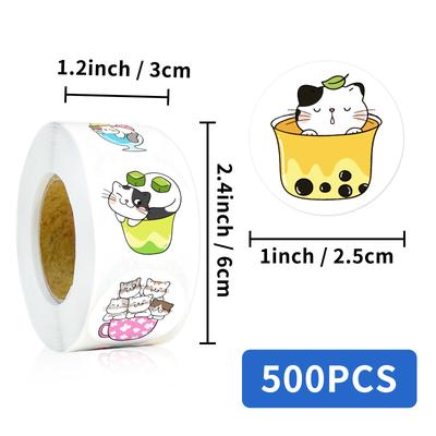 500 Sheets/Roll Cup Cat Sticker Roll Sticker Cute Wind Decorative Sticker Material Sealing Sticker