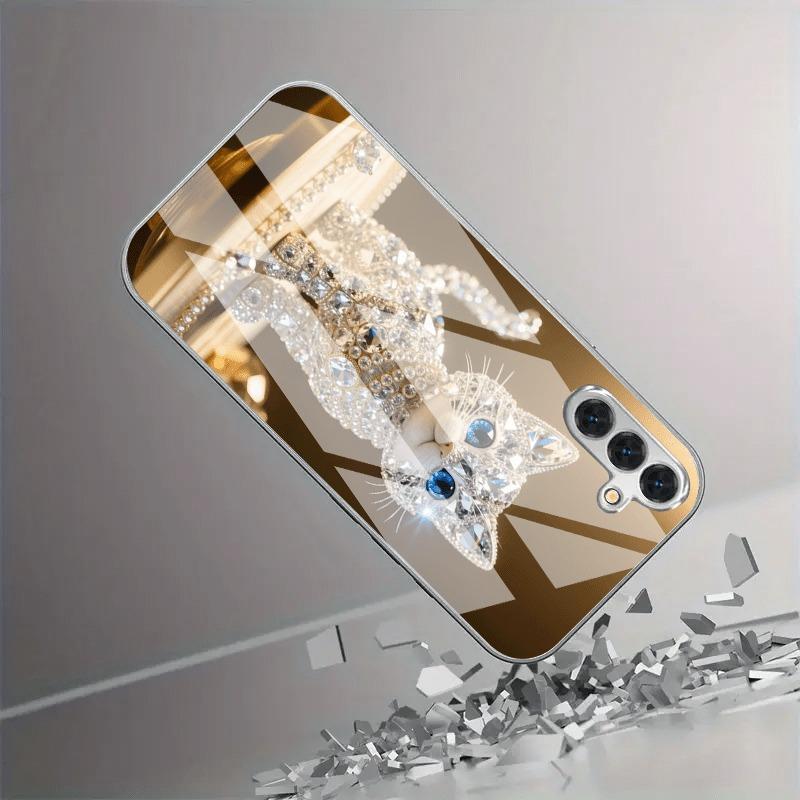 Sparkling Diamond Cute Cat Tempered Glass Electroplated Phone Case For iPhone 17 16 15 14 13 12 11 Pro Max Plus 16E 17 Air Cover