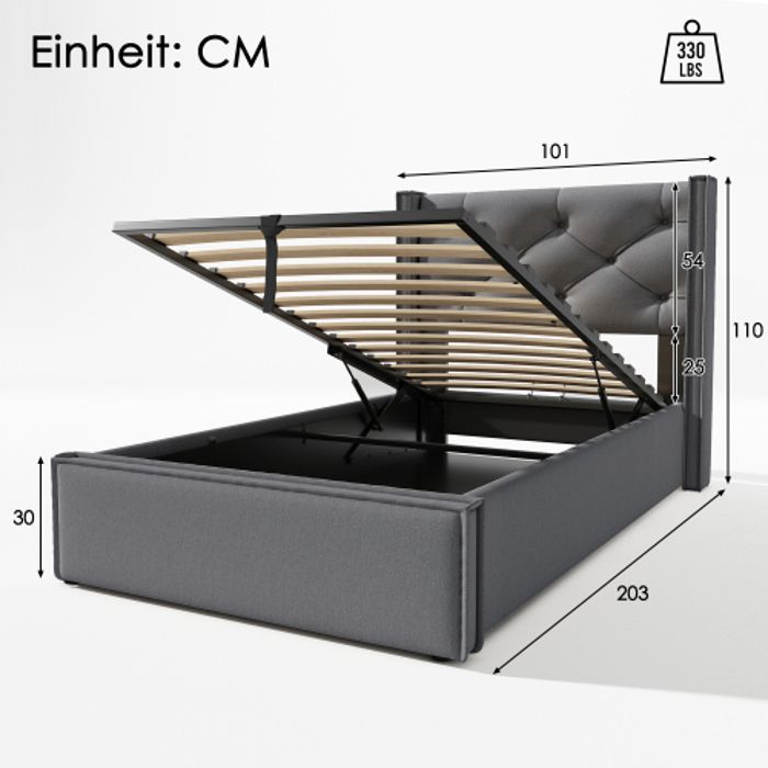 Einzelbett - MUVOE - 90x200 cm - Gepolstert - Mit Lattenrost und Matratze - Stauraum