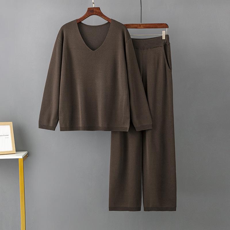 Autumn and Winter Women's Sweater Set Solid Color V-Neck Fashion Loose High Waist Casual Sweater Two Piece Set