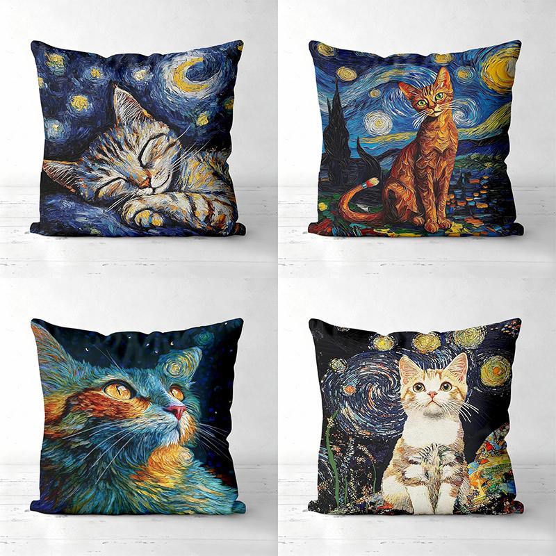 Van Gogh Style Cat Printed Decorative Throw Pillow Polyester Pillowcase, Sofa Decorative Cushion Cov Headboard Pillow