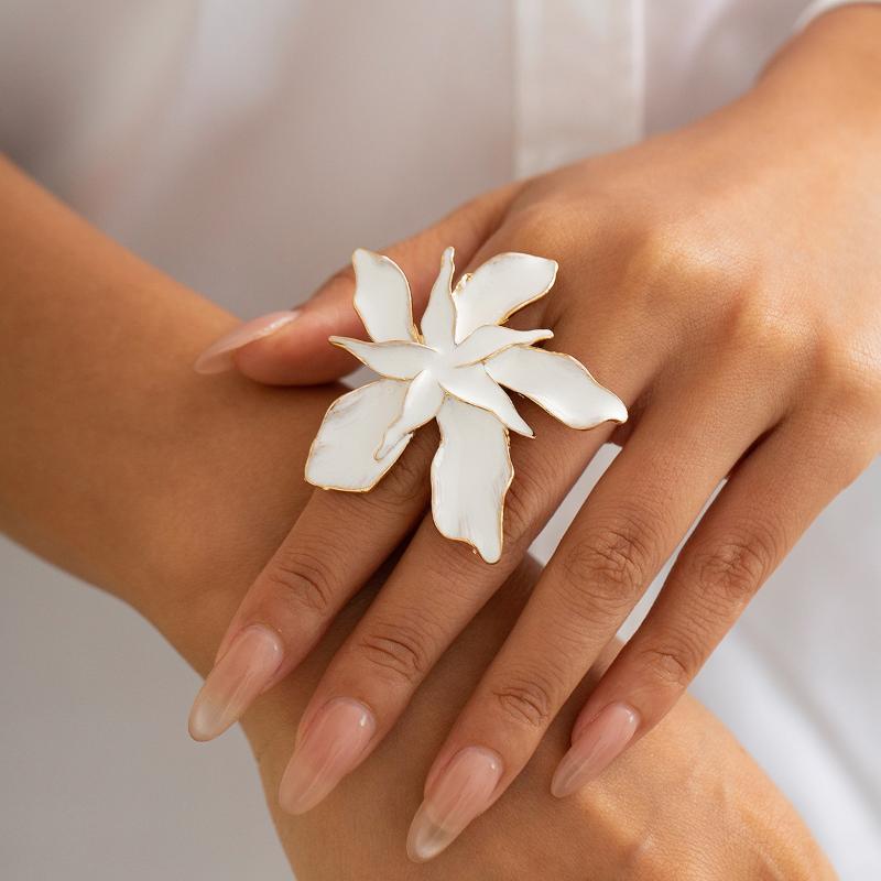 Anillo Ajustable de Flor Blanca Elegante Vintage Para Mujer Abierto Grueso Nupcial Boda Joyería de Dedo Pétalos