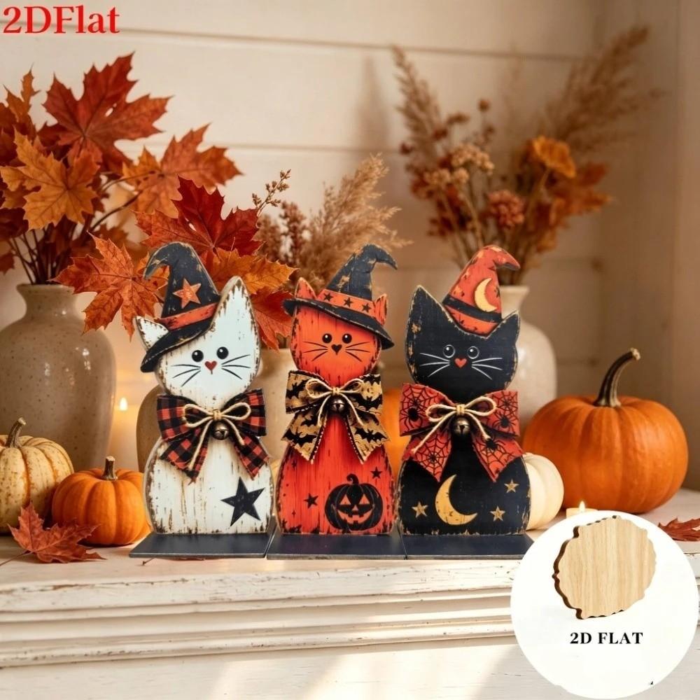 3Pcs Autumn Vintage Black Cat Tabletop Sign Witch Hat Cat Table Ornament Autumn Harvest