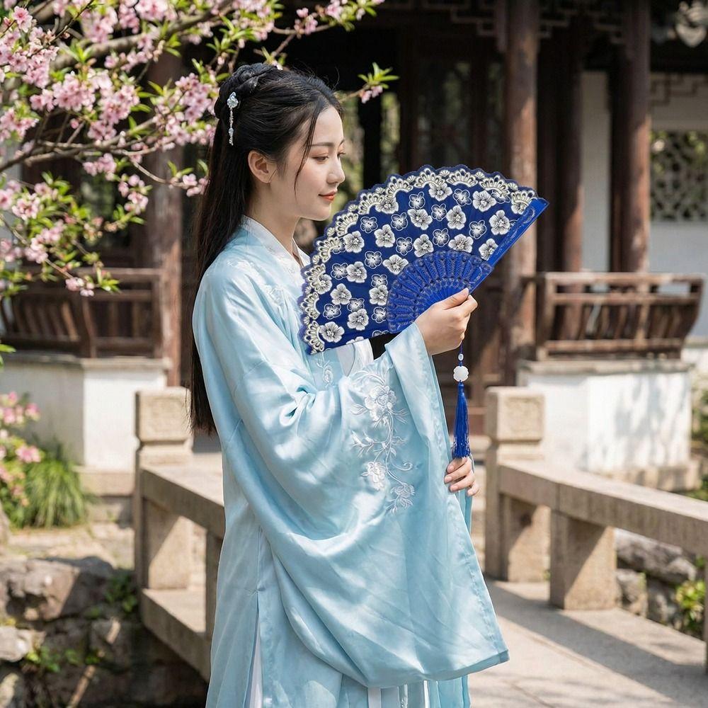 Hanfu Fan Flower Pattern Chinese Folding Fan Traditional Vintage Handheld Fan with Tassel Portable Dance Fan Gifts