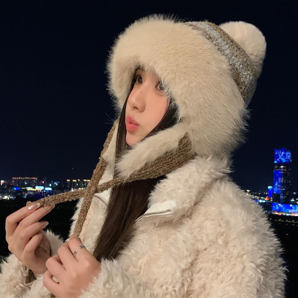 Plush Lei Feng Hat Women's Winter Thickened Warm Knitted Wool Hat Riding Ear Protection Cold Hat