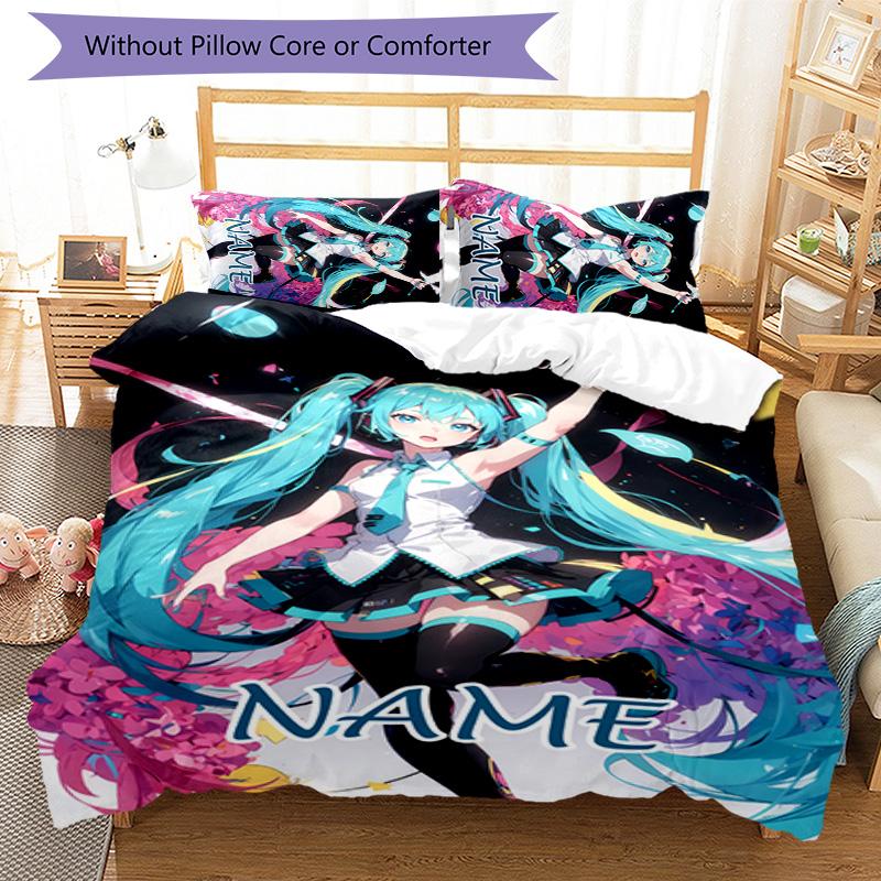 3pcs Hatsune Miku Cover Set - Personalized Name, HD Printed Bedding with 1 Cover and 2 Pillowcases - Perfect for Home Decor, Easy Care