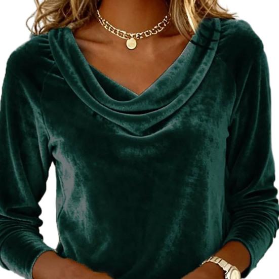 Women Tops Swing Collar Long Sleeve Velvety Fabric Solid Color Pullover Tops Golden Velvet Casual Blouse Office Date