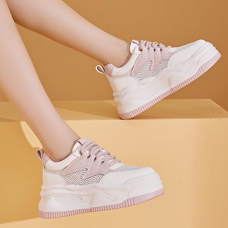 Women's Spring and Summer Women's Sneakers Sports Thick-soled Casual Dad Shoes Mesh Breathable Inner Height-enhancing White Shoes