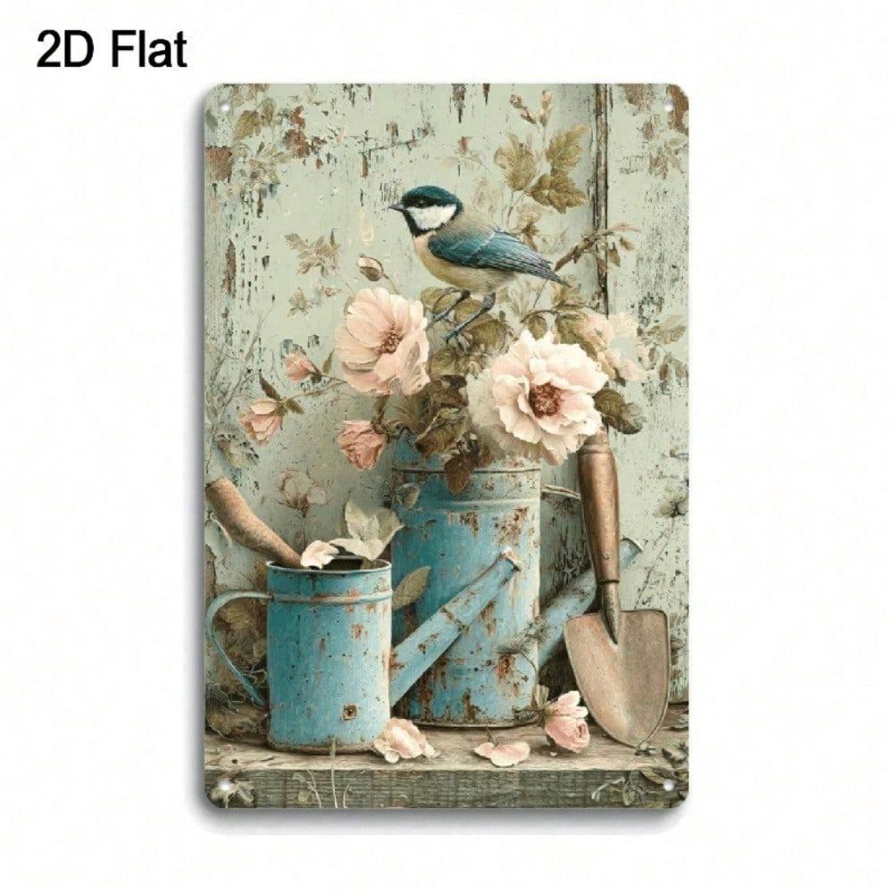 Vintage Metal Wall Art 8x12 Inch, Rustic Garden Scene with Pink Roses and Bluebirds in Vase, Durable Outdoor Decor