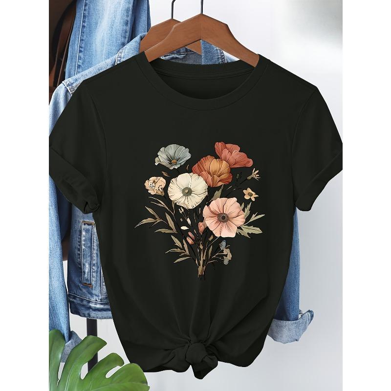 European Size Floral Print Short-sleeve T-shirt