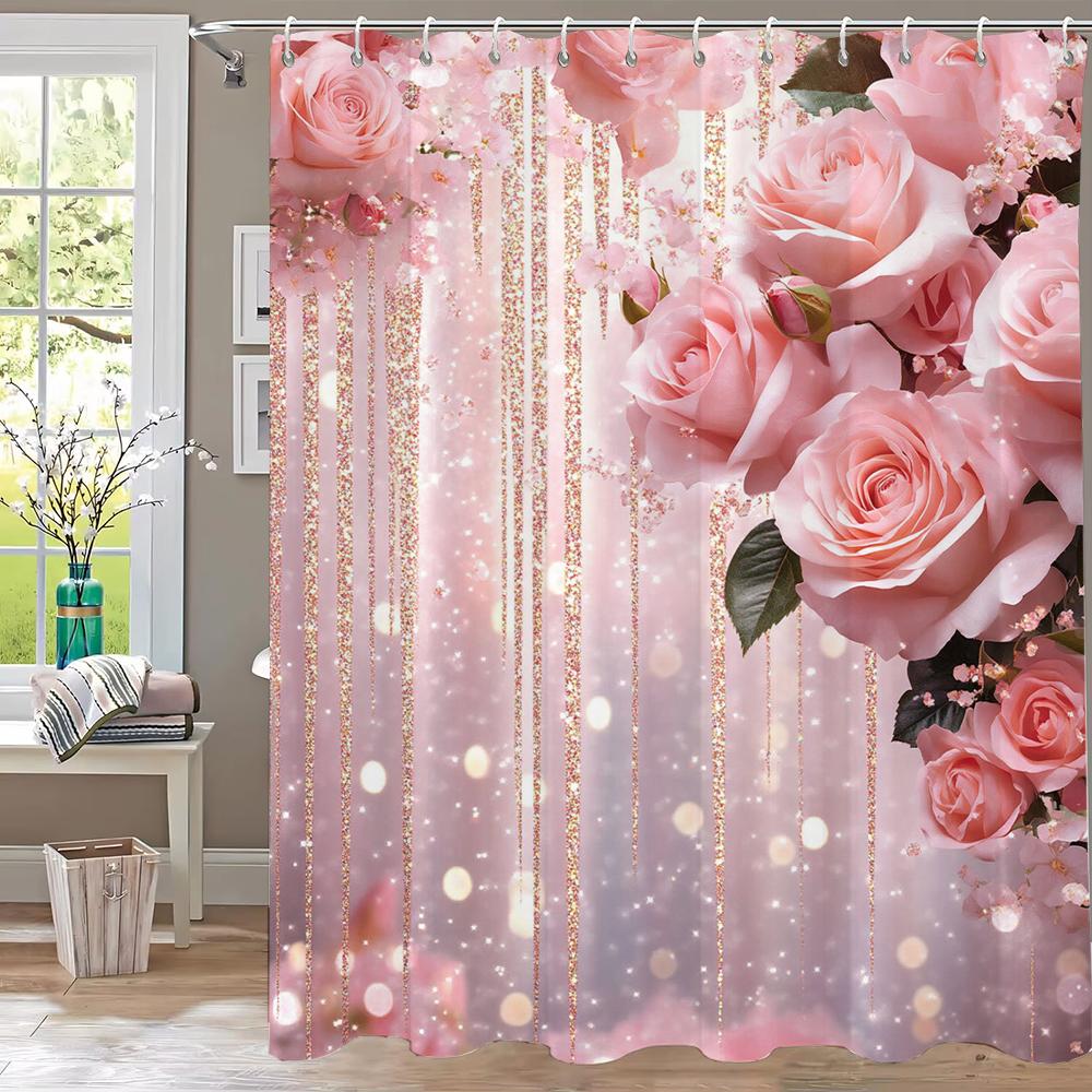 Kadınlar İçin Pembe Çiçekli Duş Perdesi Gelin Düğün, Pembe Çiçekler Romantik Kız Çocukları İçin Uygun Kancalı Askılı Perde