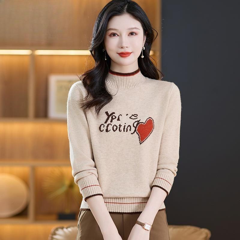 Women's Thickened Wool Sweater Autumn Winter Half-High Neck Printed Wool Sweater Loose Knit Pullover Top