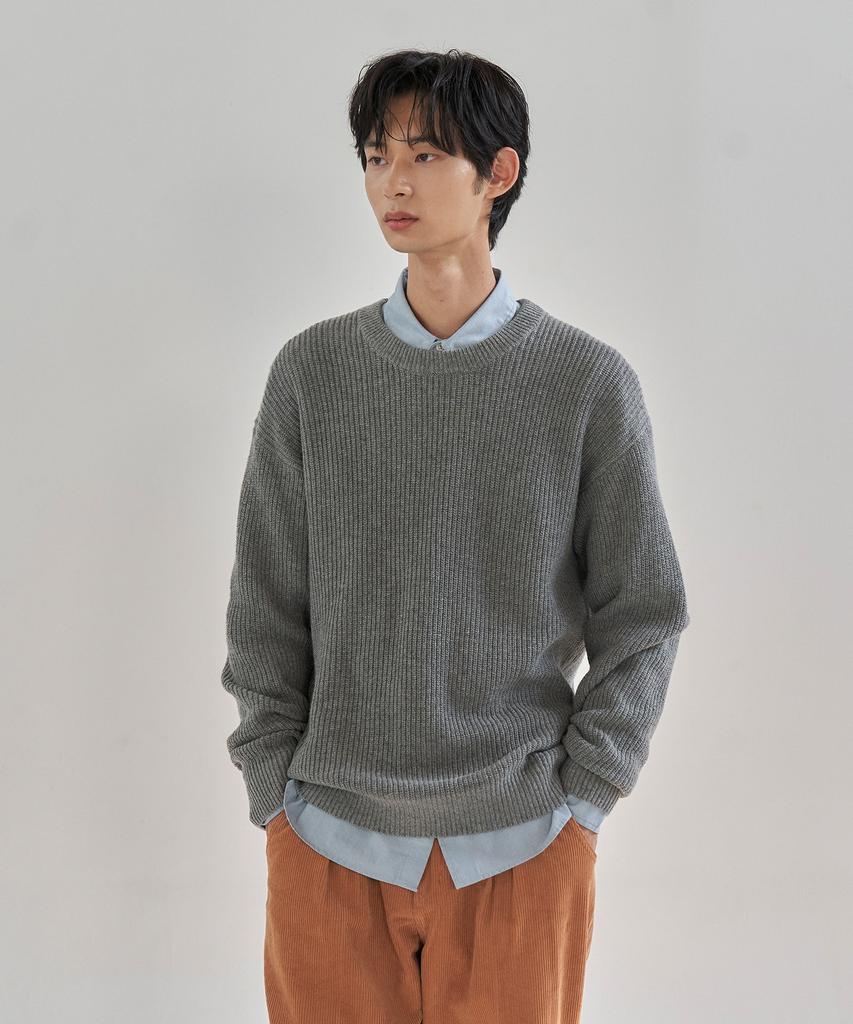 BASIC HOUSE Uni Ribbed Semi-Overfit Round Neck Knit Melange Grey Lwkt7103