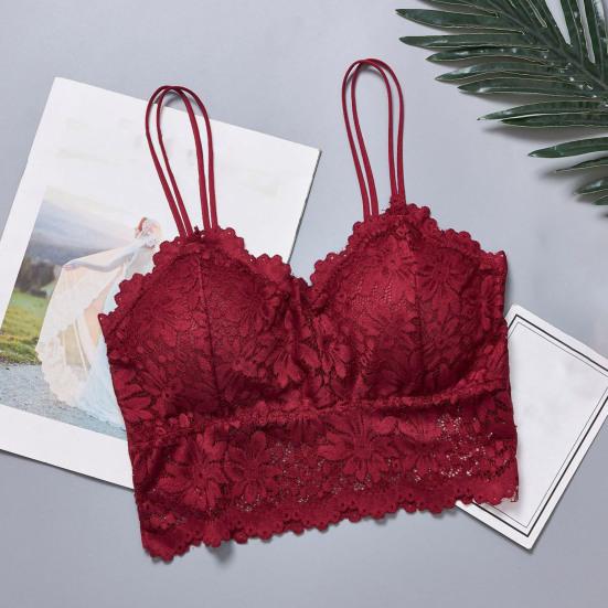 Spaghetti Straps Beauty Back Lady Bra Wire Free Flower Pattern Lace Push Up Stretchy Bra for Jogging