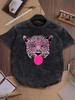 Cool Leopard Head TShirt With Pink Glasses Bubble Gum GraphicVintage Washed Crew Neck Casual Short Sleeve Daily Streetwear Top