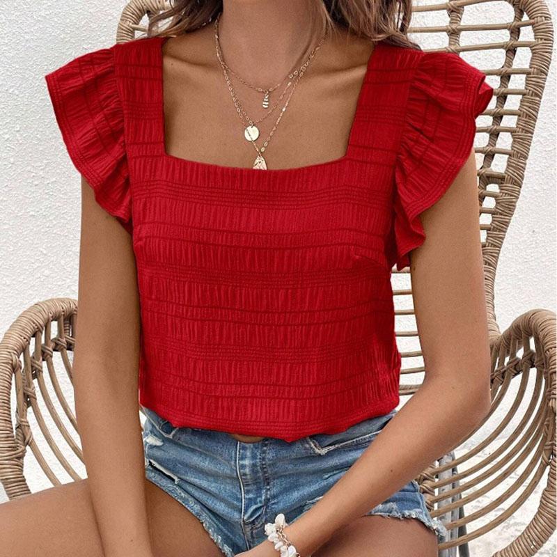 Women Summer Ruffles Square Collar Solid Color Pullover T Shirt Top