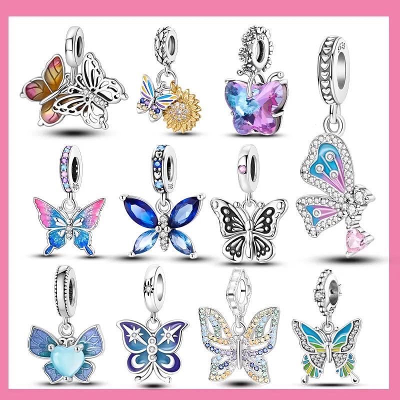 Copper Fine Blue Collection Butterfly Charms Pendant Fit Bangle Beads Bracelet Handmade Women Authentic Jewelry