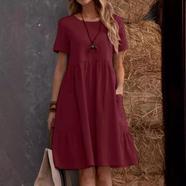 Summer Casual Women's Midi Dress Flowy Beach Dress with Pockets Short Sleeve Cotton Linen