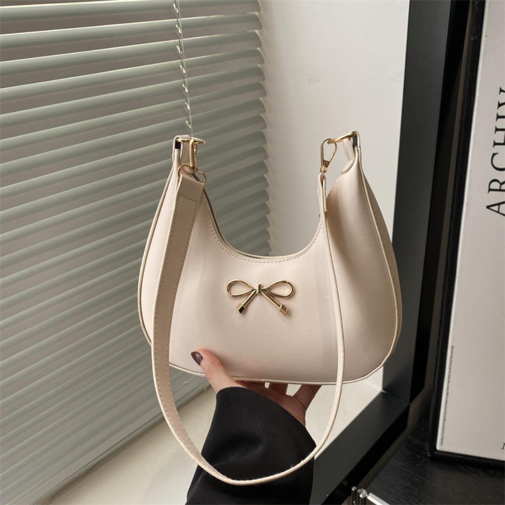 Portable Korean Style Bow Shoulder Bag PU Leather Handbag Crescent Bag Large Capacity Pure Color Crossbody Bag Women