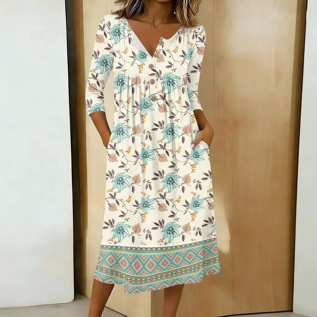 Women's Fashionable Color Printed Round Neck 3/4 Sleeve Button Collar Mid Length Casual Dress