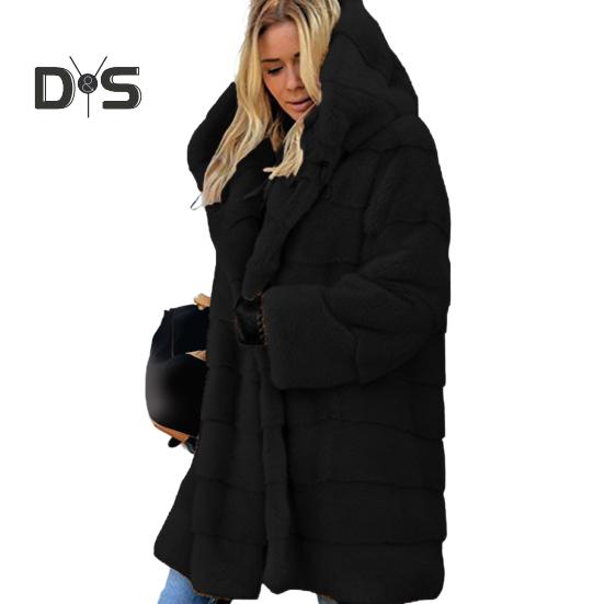 Damen Winterjacke Übergröße Kunstpelz Lockere Oberbekleidung mit Kapuze Mittellanger mehrlagiger Thermo-Plüschmantel für die tägliche Arbeit im Freien