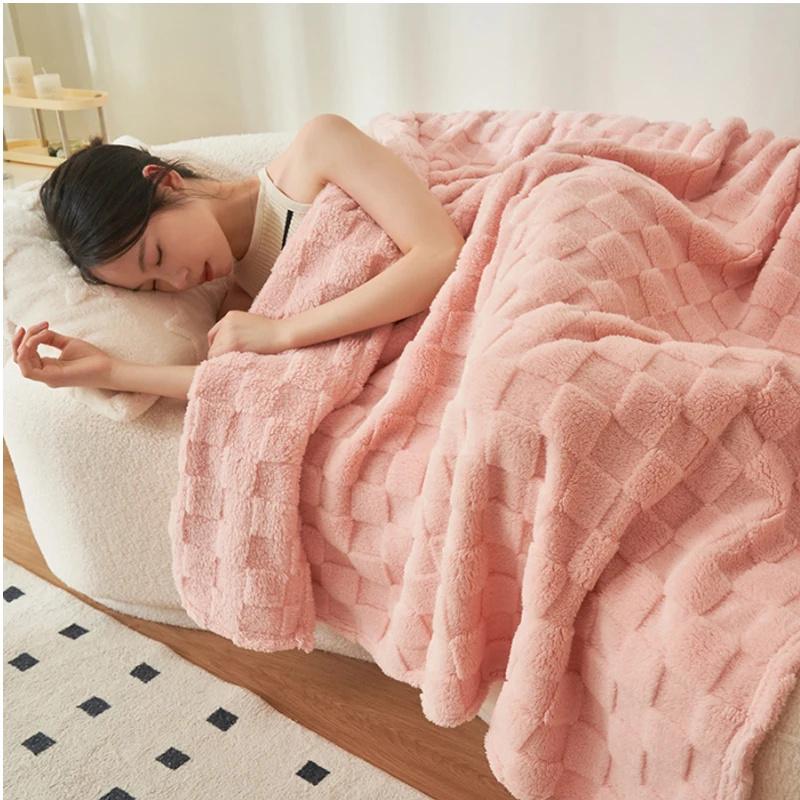 Travel Blanket Thick Warm Fleece Blanket Plush Soft Solid Color Sofa Blanket Comfortable Square Texture Bed Blanket Home Use