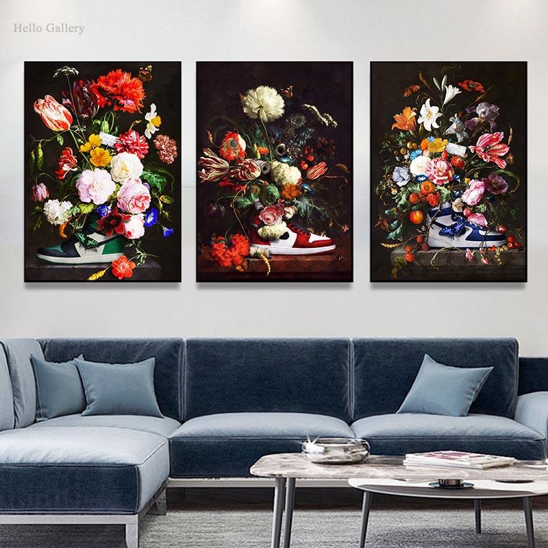 Blumen-Sportschuhe-Kunstwerk, bedrucktes Leinwandgemälde, Blumen-Sportschuhe-Poster, hängendes Gemälde, Heimdekoration