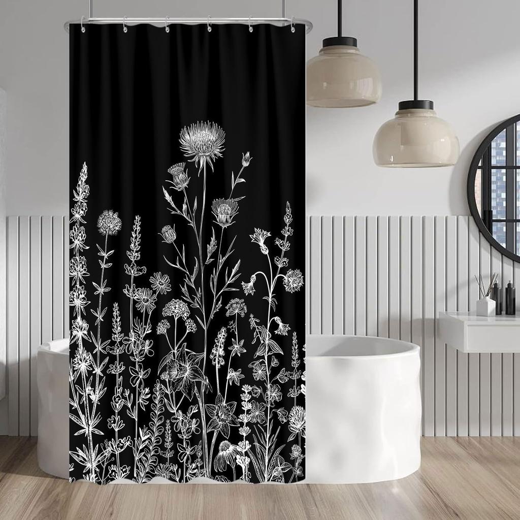 Vintage Black Gold Boho Shower Curtain, Dark Wildflower Botanical Print, Farmhouse Floral Art with Hooks