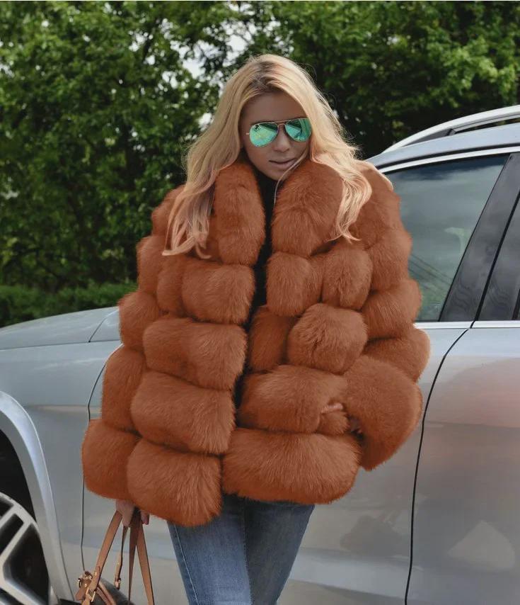 Casaco Feminino de Imitação de Pele com Detalhes em Pele de Raposa para Outono e Inverno