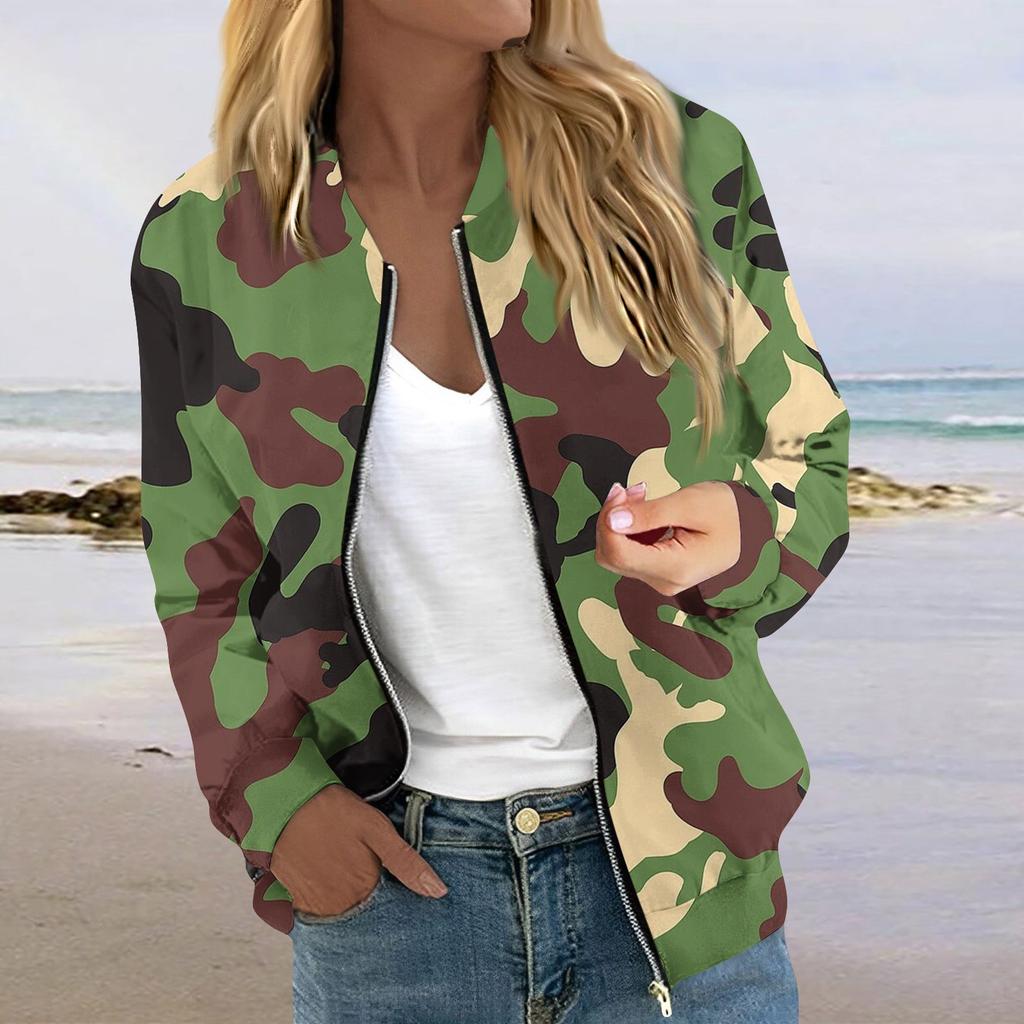 Chaqueta informal acolchada con bolsillos y manga larga con estampado de camuflaje y cremallera para mujer