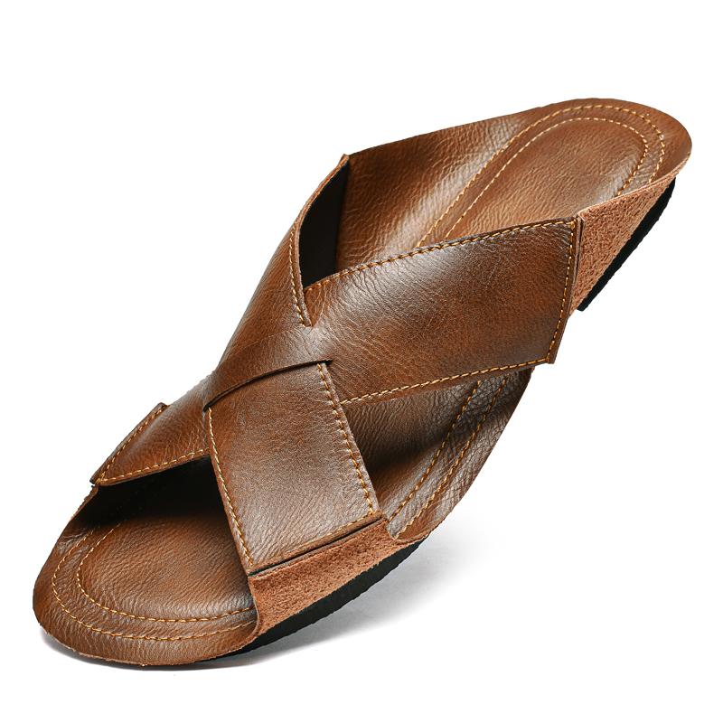 Italy Men's Leather Slippers Fashion Luxury Brand Outdoor Sandals Handmade Designer Social Casual Shoes Walking Loafers Mocassin