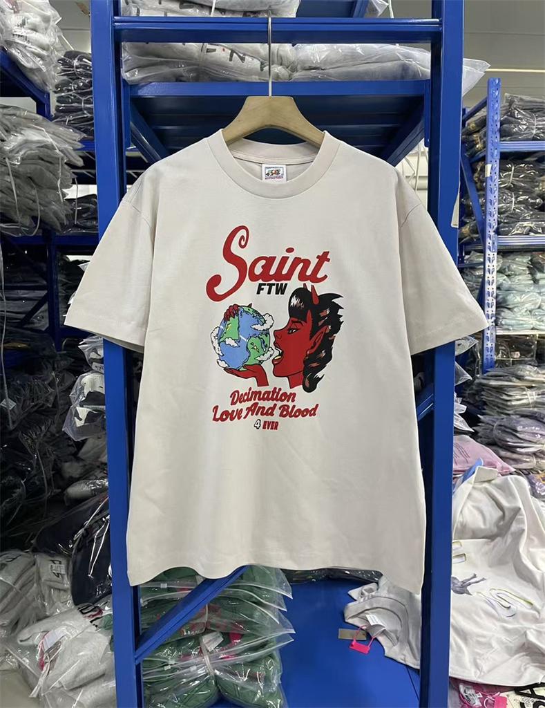 Saint of Michael New DEVIL Pattern Printed Washed Vintage High Street Casual Loose Cotton Versatile Tshirt MEN Tops