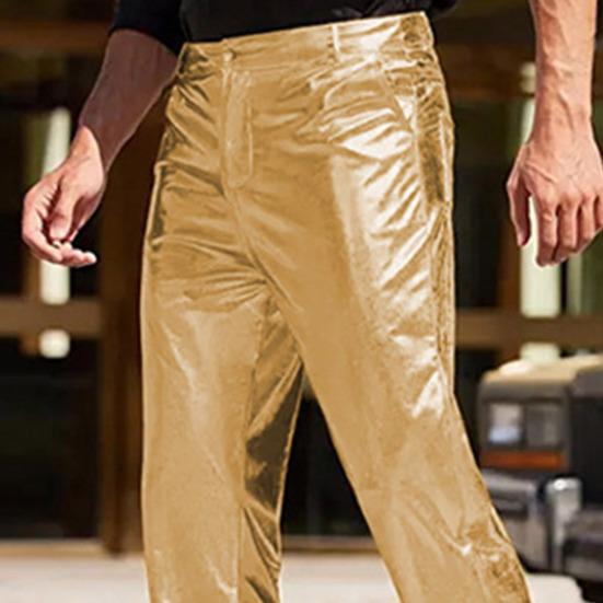 Men Pants Mid-rise Button Zipper Fly Shiny Casual Trousers with Reinforced Pockets Solid Color Glossy Club Pants