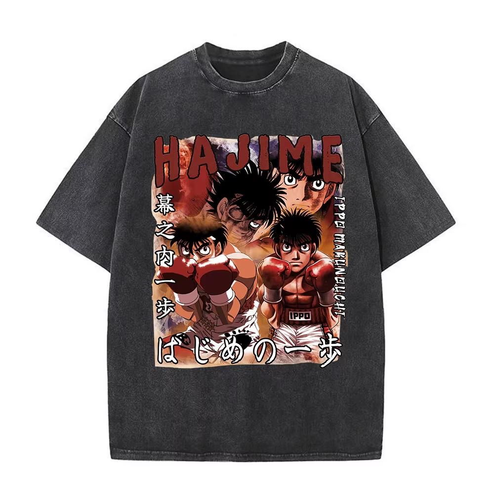 Hot Vintage Acid Washed Tshirt Anime Hajime No Ippo Kamogawa Boxing Gym Makunouchi Fighting Tshirts Men Fashion Oversized Top