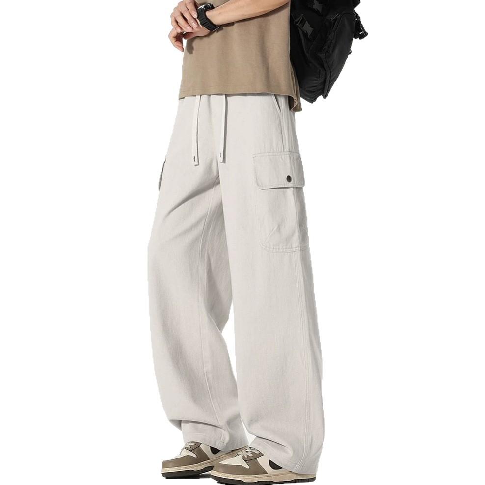 Spring and Summer New Pure Cotton Loose Straight Tooling Wide-leg Army Green Casual Pants Men's Very Light Pants