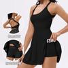 Womens Quick-Dry Yoga Tennis Skirt With Built-in Bra Pad Seamless Backless Design Fitness Running