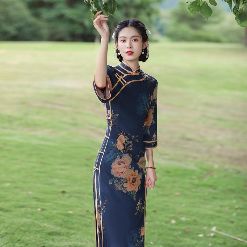 Qipao Vår og Høst Kinesisk Stil Vintage Trykk Smal Høy Klasse Forbedret Cheongsam Kjole for Kvinner