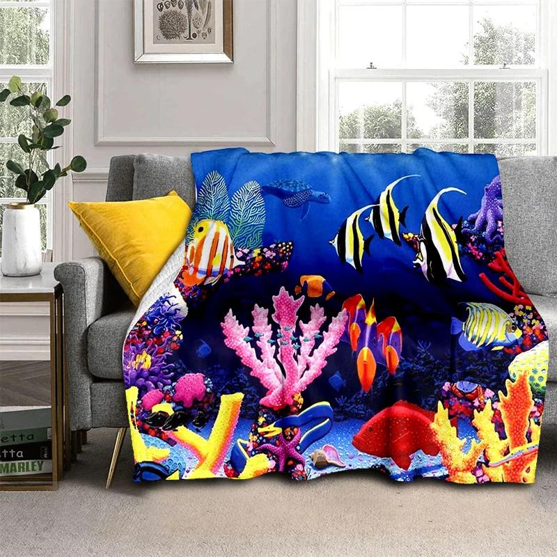 3D Unterwasserwelt Meeresboden Cartoon Decke, Weiche Überwurfdecke für Zuhause Schlafzimmer Bett Sofa Picknick Reisen Büro Überdecke Kinder