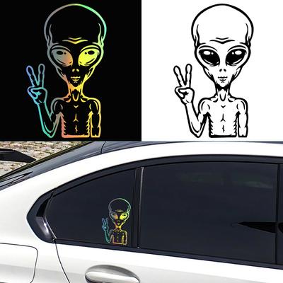 G181 Naklejki Samochodowe 9,2x15,4 cm Naklejka Winylowa UFO Kreskówka Obcy Znak Pokoju Interesująca Dekoracja Samochodowa Czarny / Srebrny / Laser