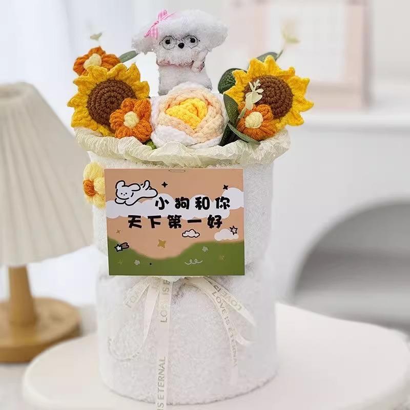 Crochet Flower Bouquets Sunflowers Rose Flower Hand Knitted Flowers Graduation Bouquet Gift Home Decoration Mother's Day Bouquet
