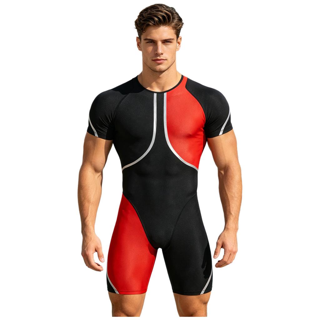 Men‘s Metallic Trim Color Block Swim Jumpsuit Short Sleeve Thigh Length Bodysuit with Back Hidden Zipper for Swimming Training