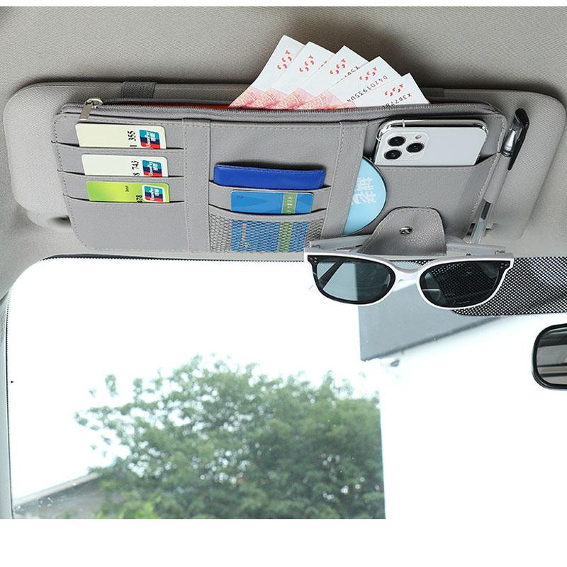 Caixa de armazenamento para viseira de sol, porta-cartões, organizador de dvd com clipe de óculos de sol, acessórios para carro