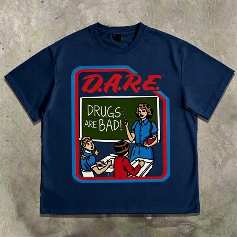 Heren T-shirt met retro DARE sloganprint, kortärmig T-shirt en Amerikaanse streetstyle ronde hals heren casual top